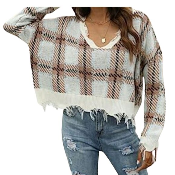Just Polly Plaid Cropped Sweater Sz M Oversized Boxy Knit V-Neck Grunge Top - Picture 1 of 10